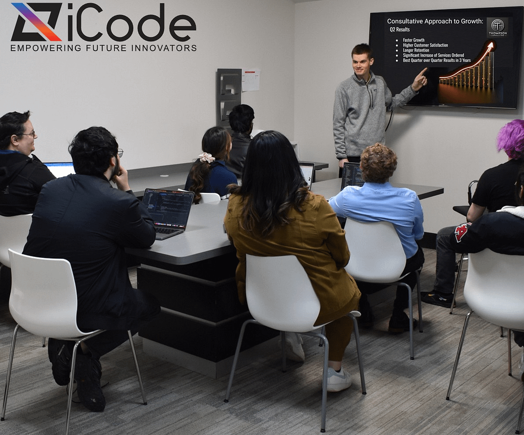 A Team Leader presents to a field sales team in an iCode Classroom