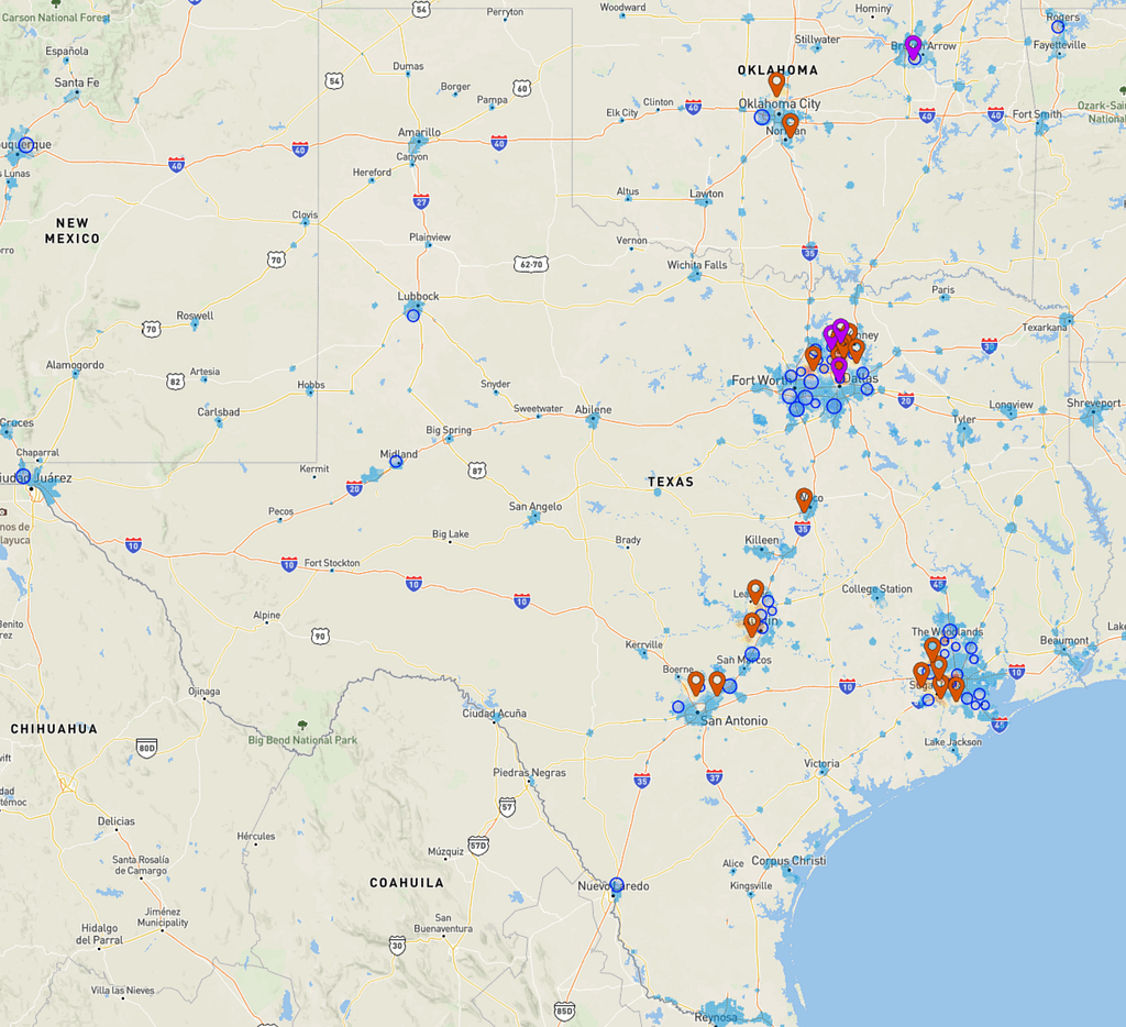A map of Texas showing current and good future locations for iCode Campuses