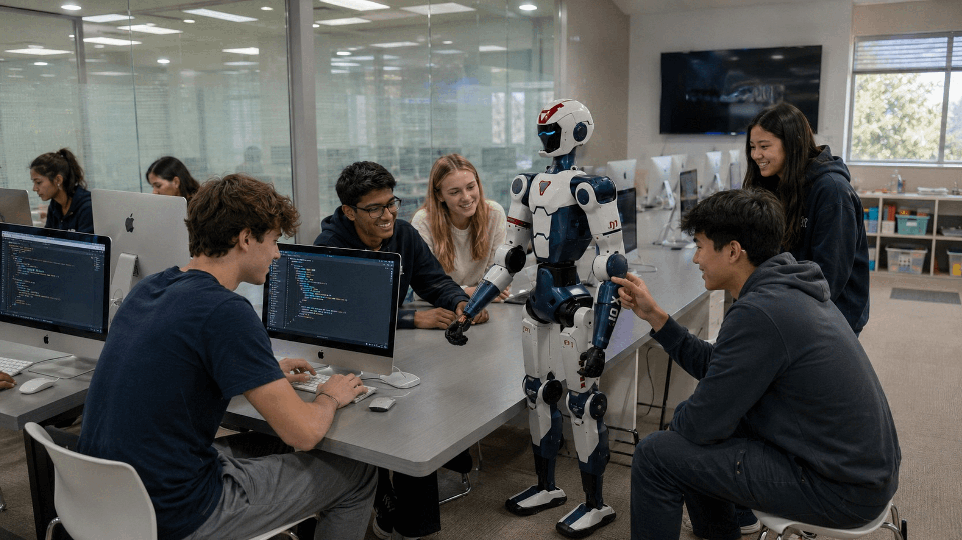 Students work with a humanoid robot