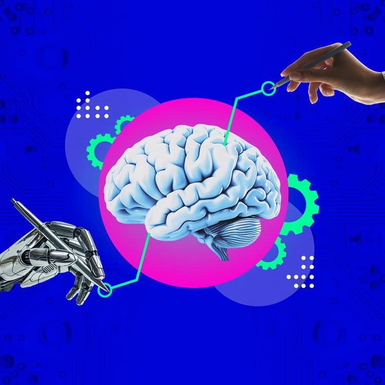 A human and a robotic hand send data to a brain