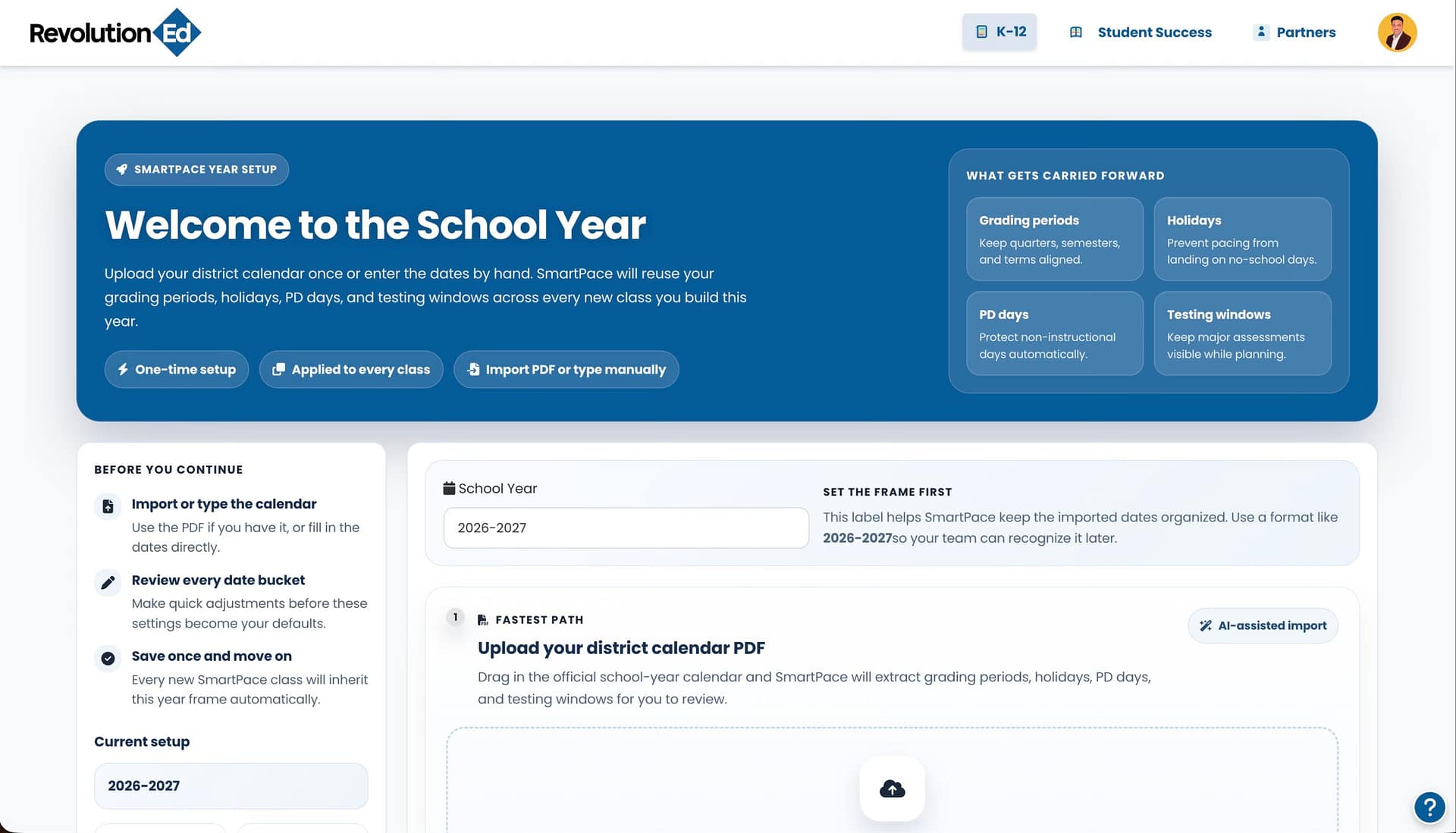 SmartPace pacing guide preview showing a school calendar aligned with curriculum planning